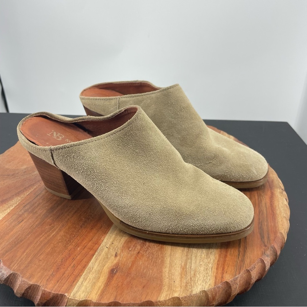 Natalia Blanco tan Suede Leather Almond Toe Stacked Block Heel Mules Sz 38 7.5-8